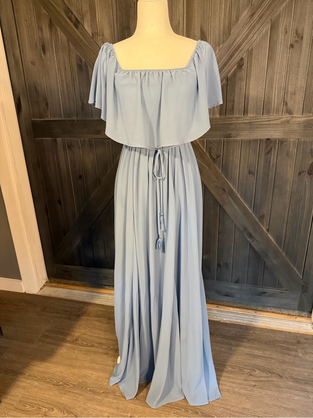 Aakaa Powder Blue Off-Shoulder Maxi Dress with Waist Tie